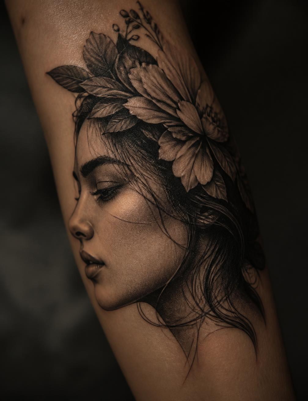 Black and grey portrait tattoo on a forearm
