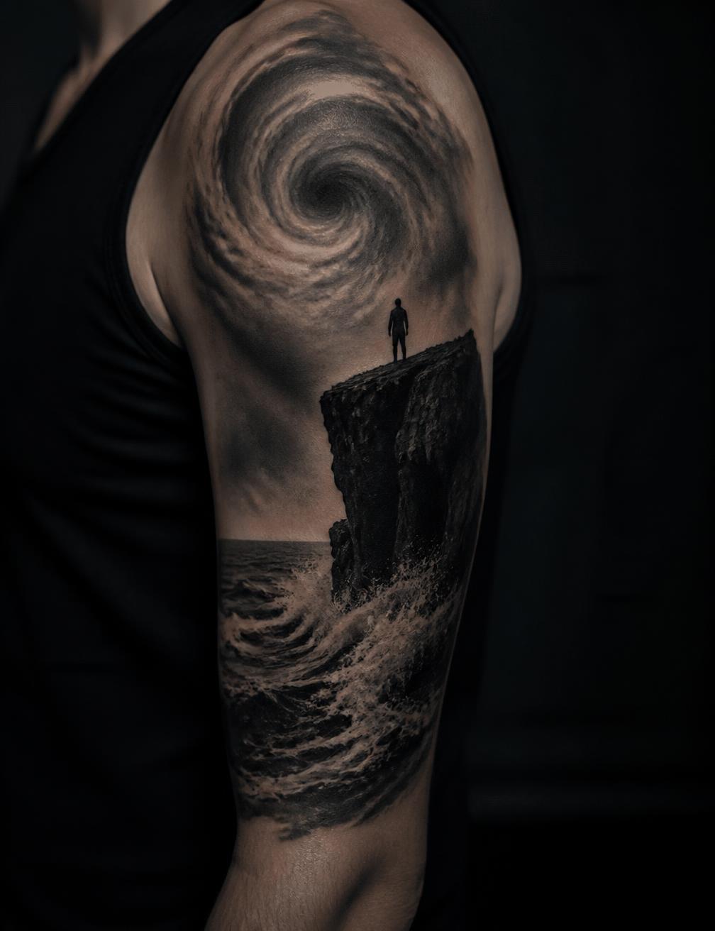 Black and grey seascape tattoo on an upper arm